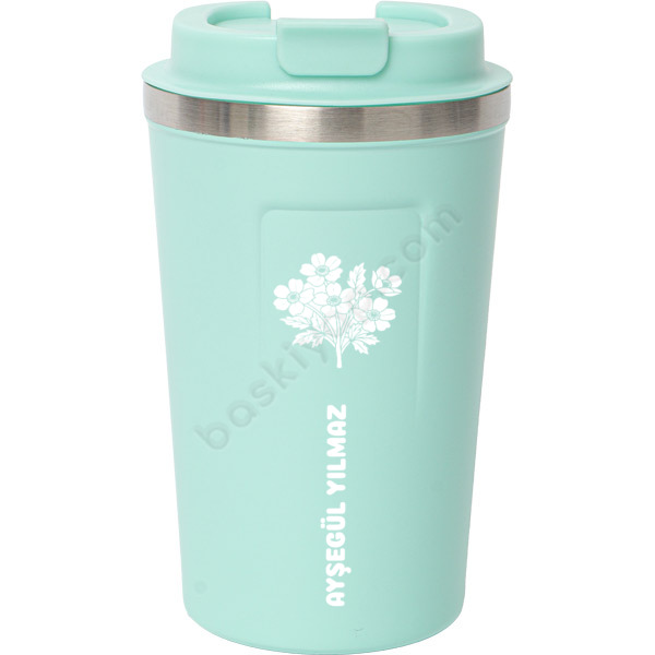 Çiçek Buketi Tasarımlı Turkuaz Çelik Kilitli Termos Mug online tasarla