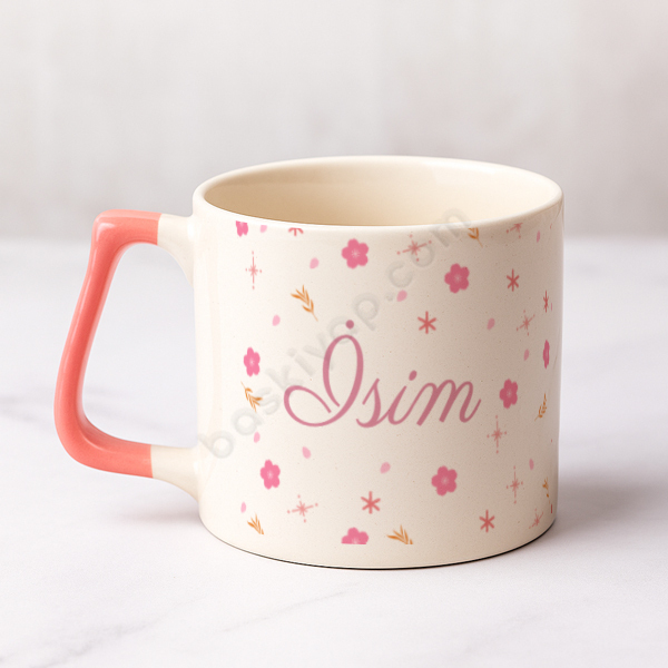 Çiçek Desenli Kişiye Özel Pembe Saplı Seramik Kahve Fincanı online tasarla