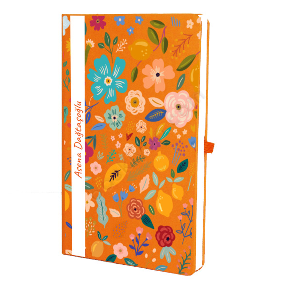 Çiçek Desenli Turuncu Ajanda – Tarihsiz Çizgili Turuncu Ajanda/Defter 13X21Cm tasarımı
