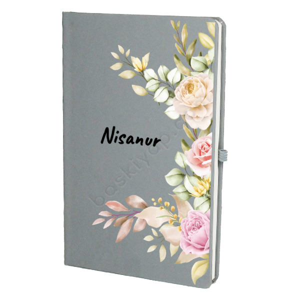 Çiçek Tasarımlı Gri Ajanda Kişiye Özel – Tarihsiz Çizgili Gri Ajanda/Defter 13X21Cm tasarımı