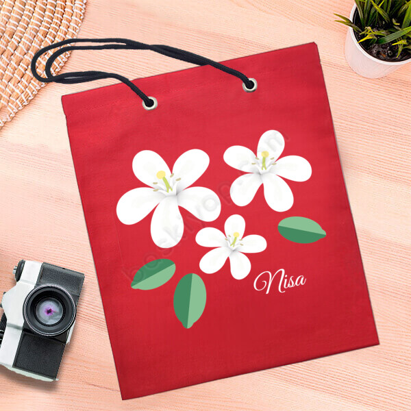 Çiçekli Kişiye Özel Kırmızı Bez Çanta online tasarla