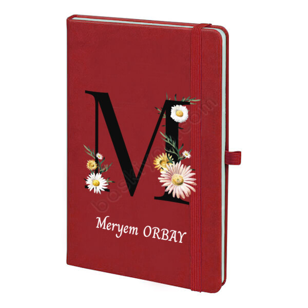 Çiçekli M Harf Tasarım Ajanda – Tarihsiz Kırmızı Ajanda / Defter 13X21Cm tasarımı