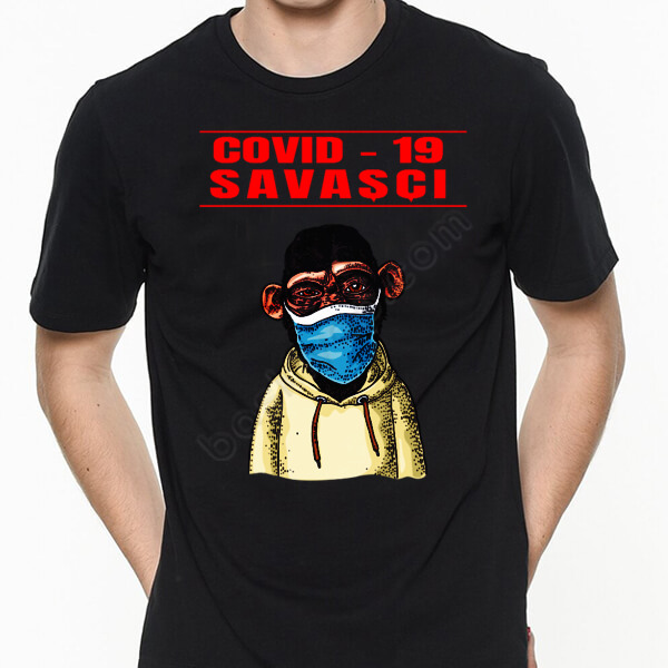 Covid-19 Maymun Tasarım Baskılı Siyah Erkek Tişört online tasarla