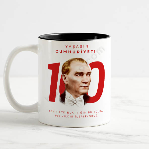 Cumhuriyetimizin 100.Yılı İçi Siyah Kupa – Kişiye Özel Baskılı İçi Siyah Kupa tasarımı