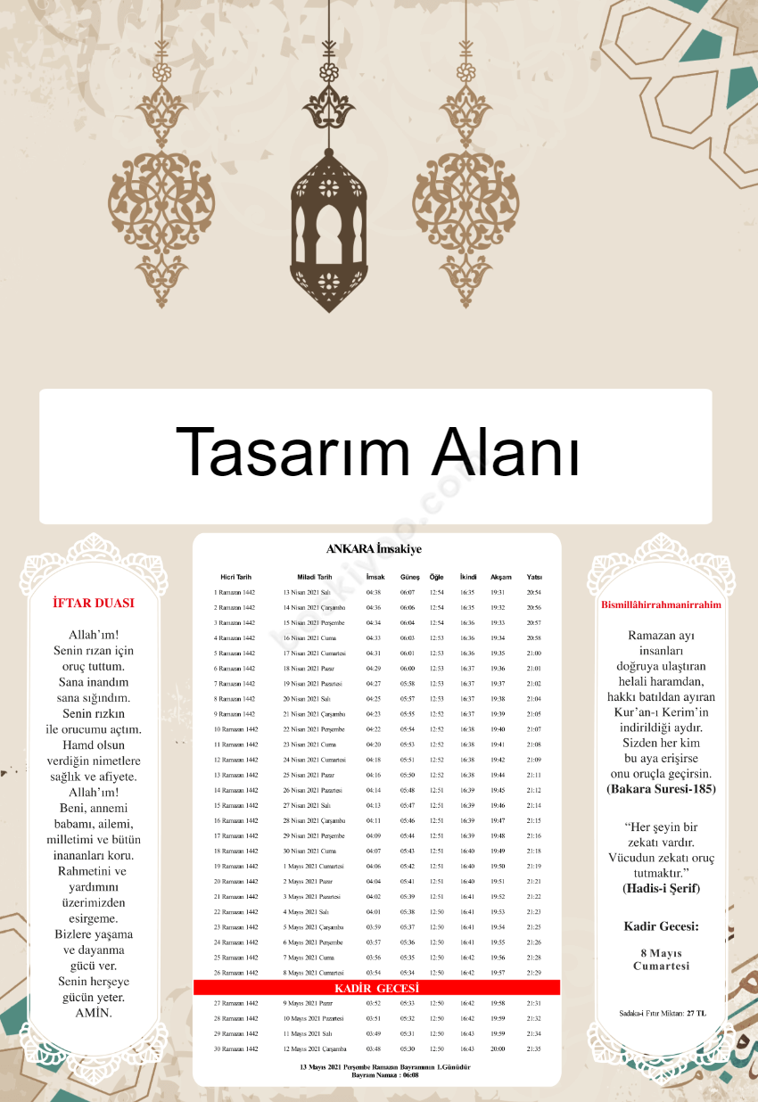 Desenli Tasarım Kişiye Özel İmsakiye 2021 online tasarla