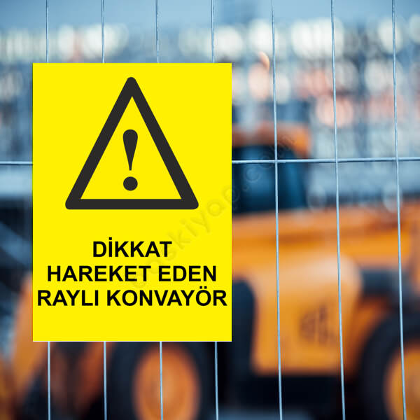 Dikkat Hareket Eden Raylı Konvayör Etiketi online tasarla
