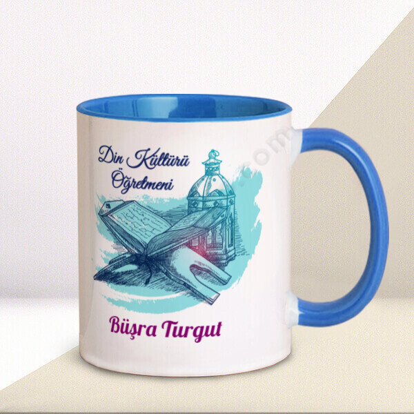 Din Kültürü Öğretmeni Tasarım Basklı Mavi Kupa Bardak – Kişiye Özel Baskılı Mavi Kupa tasarımı