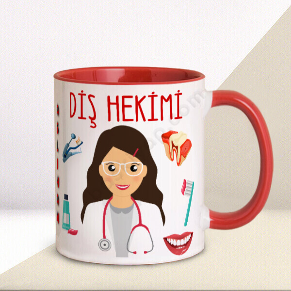 Diş Hekimlerine Özel Kırmızı Kupa Bardak – Kişiye Özel Baskılı Kupa - Kırmızı tasarımı