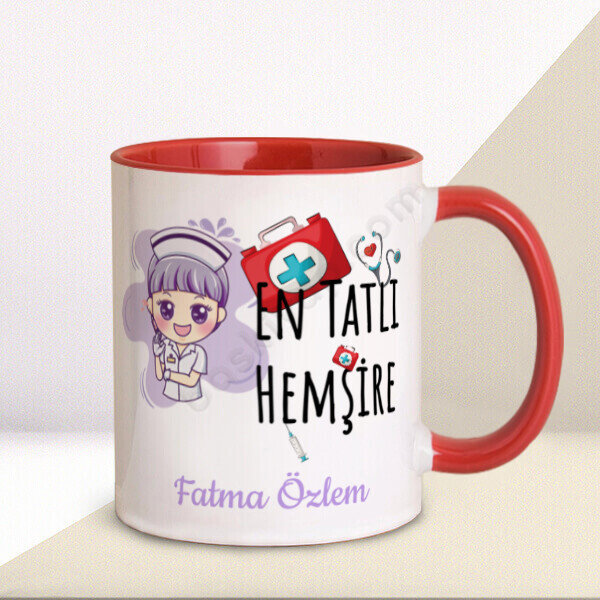 En Tatlı Hemşire Kırmızı Kupa Bardak – Kişiye Özel Baskılı Kupa - Kırmızı tasarımı