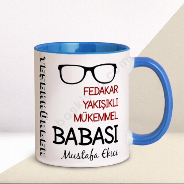 Fedakar Baba Tasarımlı Kupa – Kişiye Özel Baskılı Mavi Kupa tasarımı