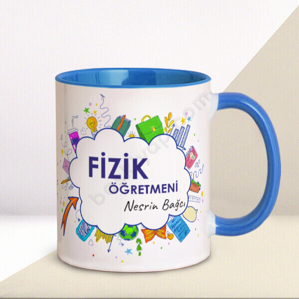 Fizik Öğretmenine Hediye Kupa Bardak1 – Kişiye Özel Baskılı Mavi Kupa tasarımı
