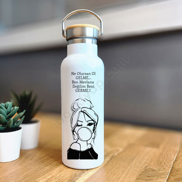 Germe Kişiye Özel Bambu Kapak Beyaz Matara Termos online tasarla