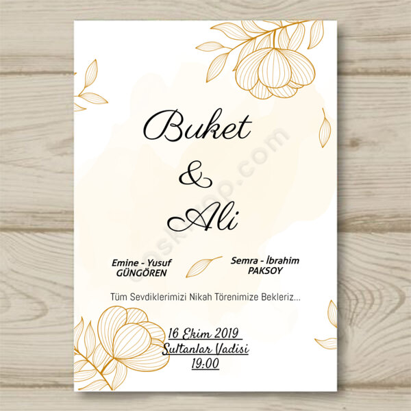 Gold Renkli Yaprak Modelli Düğün Davetiyesi online tasarla