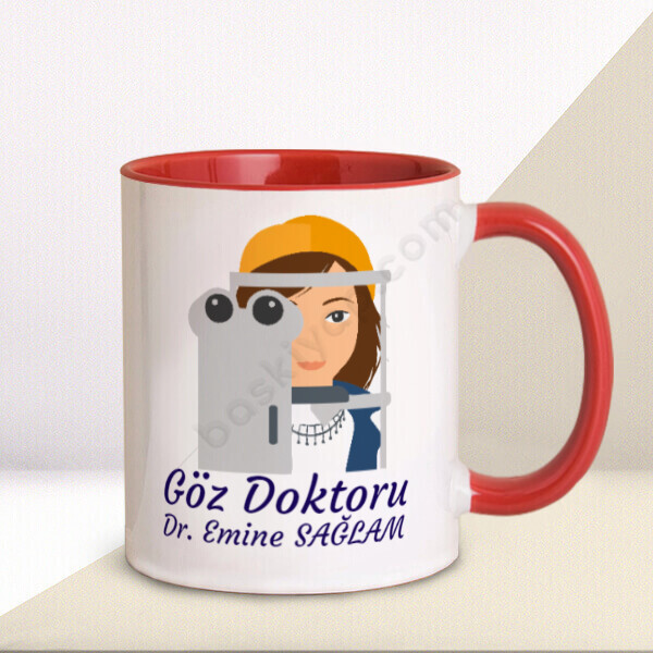 Göz Doktoru Tasarım Kupa – Kişiye Özel Baskılı Kupa - Kırmızı tasarımı