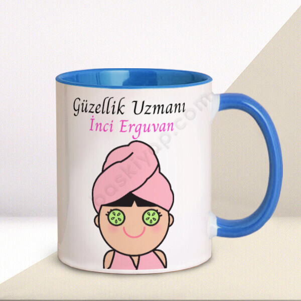 Güzellik Uzmanı Tasarımlı Baskılı Kupa – Kişiye Özel Baskılı Mavi Kupa tasarımı