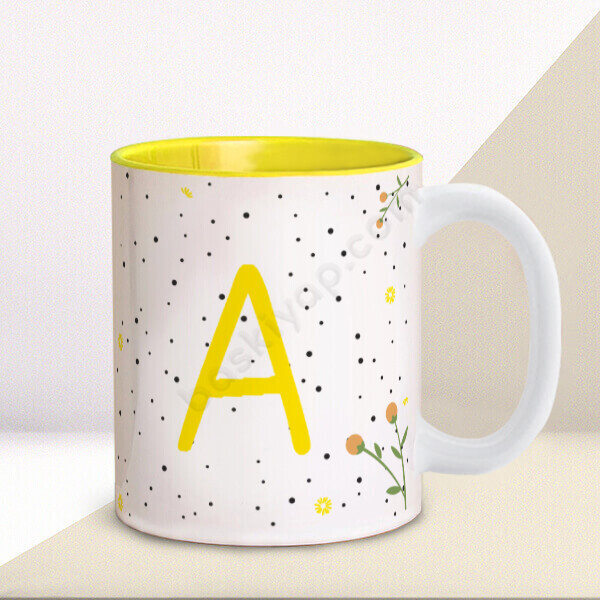 Harfli Papatyalı Tasarım İçi Sarı Kupa online tasarla