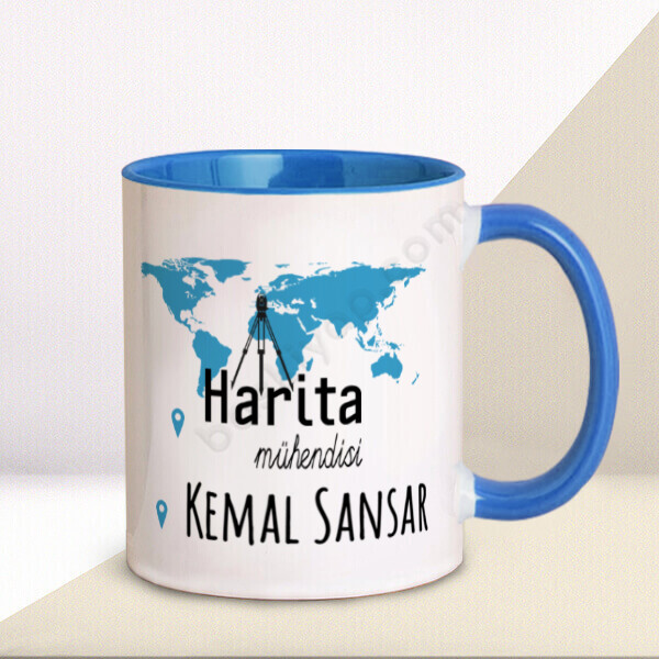 Harita Mühendisi Tasarım Baskılı Mavi Kupa Bardak – Kişiye Özel Baskılı Mavi Kupa tasarımı