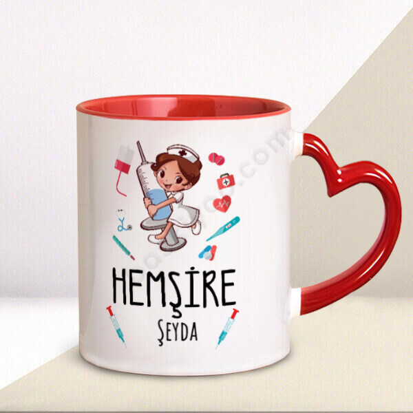 Hemşirelere Özel Kalp Kulplu Kupa Bardak online tasarla