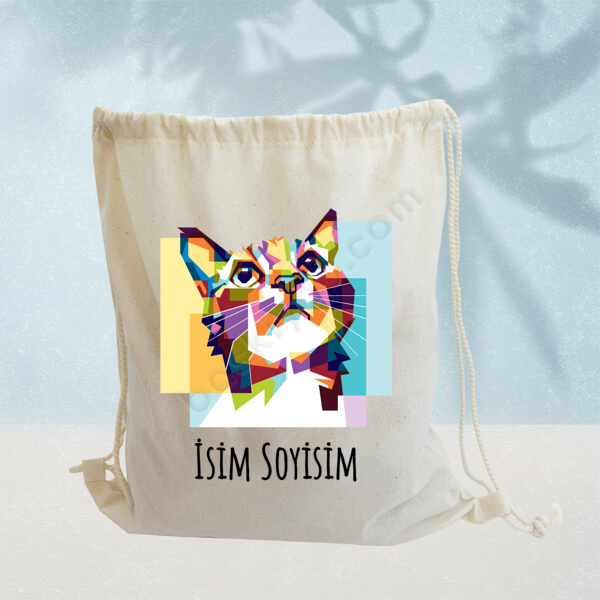 Kedi Tasarımlı İp Büzgülü Ham Bez Sırt Çantası online tasarla