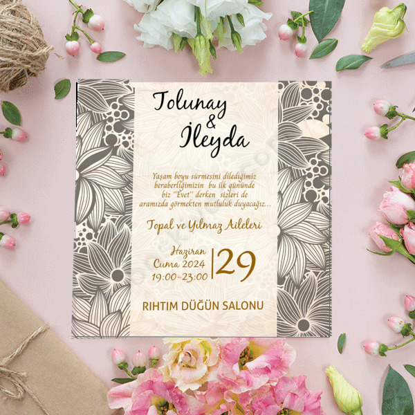 Kahve Çiçekli 15X15 Davetiye online tasarla