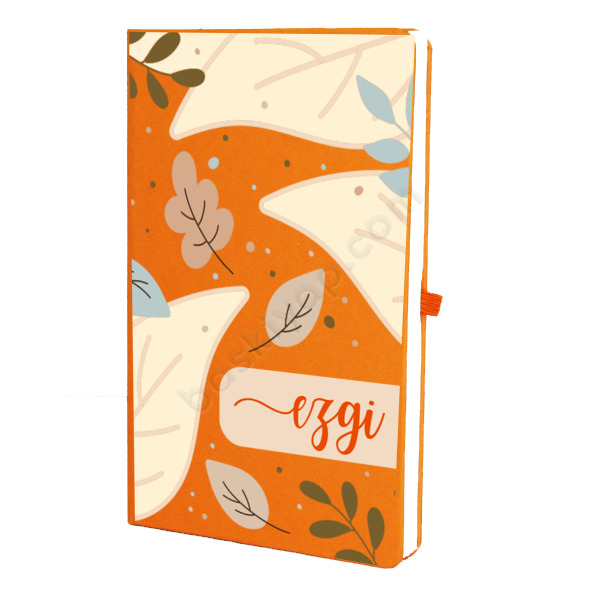 Kahverengi Yapraklı Turuncu Ajanda – Tarihsiz Çizgili Turuncu Ajanda/Defter 13X21Cm tasarımı