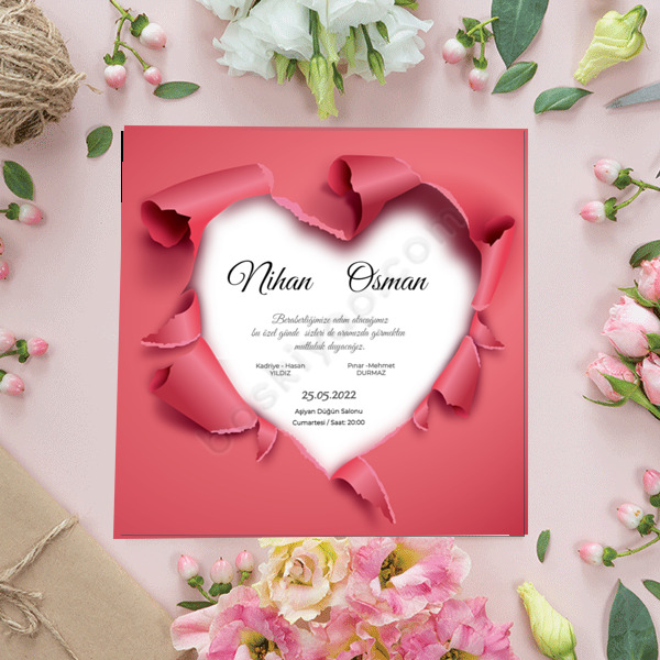 Kalp Tasarım Baskılı Davetiye online tasarla