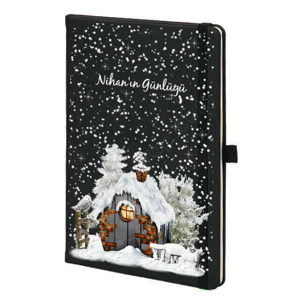 Karlı Ev  Tasarım Baskılı Defter – Tarihsiz Siyah Ajanda / Defter tasarımı
