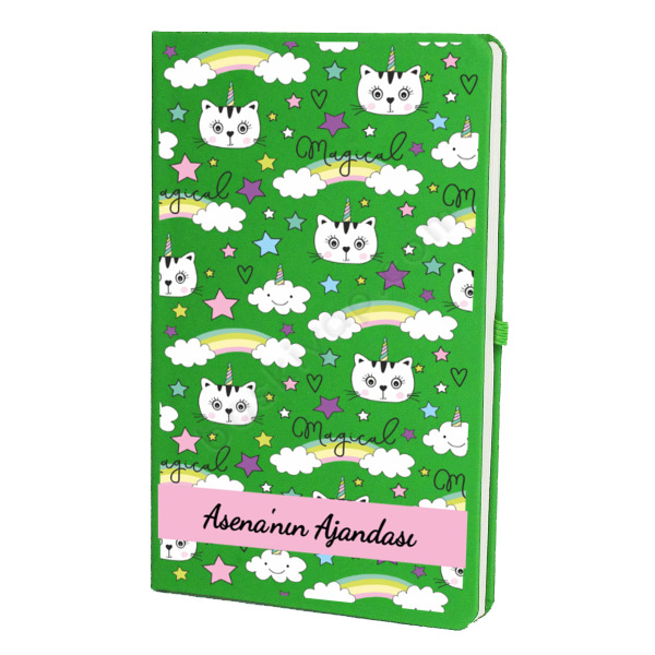 Kedi Tasarımlı Ajanda/Defter – Tarihsiz Çizgili Yeşil Ajanda/Defter 13X21Cm tasarımı