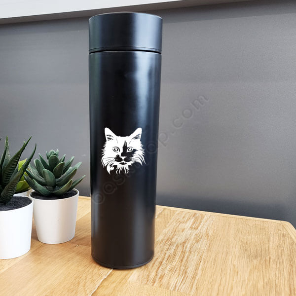 Kedi Kişiye Özel Dijital Göstergeli Süzgeçli Siyah Termos online tasarla