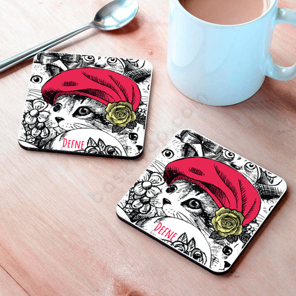 Kedi Tasarım Baskılı  Metal Bardak Altlığı online tasarla
