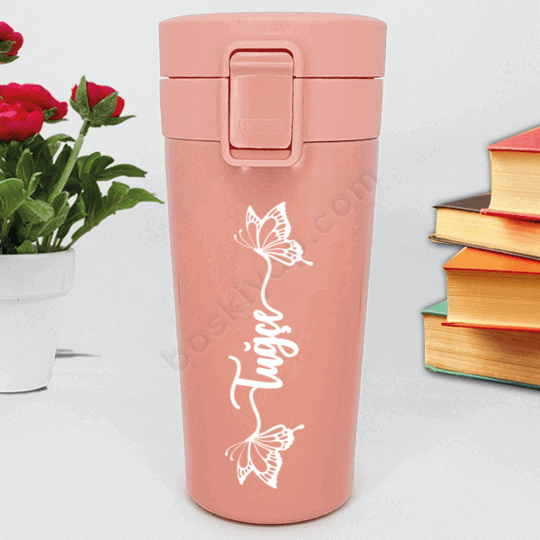 Kelebek İsim Tasarımlı Pembe Termos online tasarla
