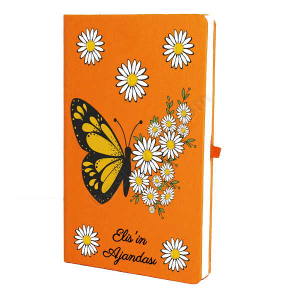 Kelebek Papatya Tasarımlı Ajanda/Defter – Tarihsiz Çizgili Turuncu Ajanda/Defter 13X21Cm tasarımı