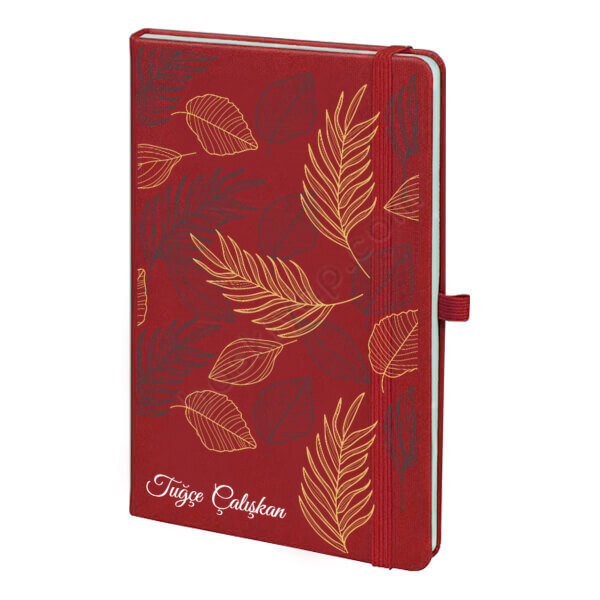 Yaprak Tasarımlı 2 Kırmızı Ajanda – Tarihsiz Kırmızı Ajanda / Defter 13X21Cm tasarımı