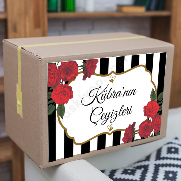 Kırmızı Çiçekli Çizgili Çeyiz Etiketi online tasarla