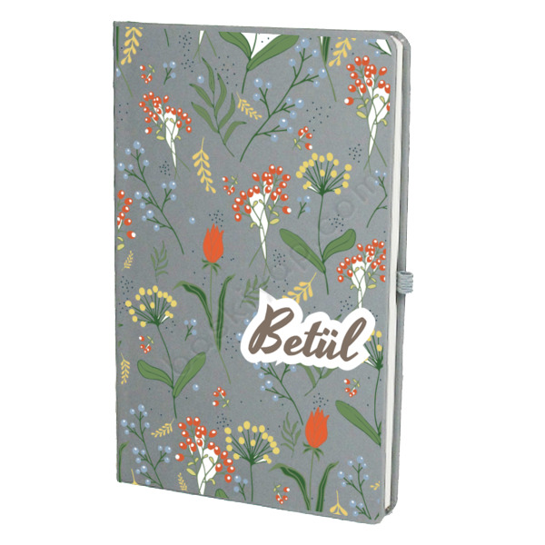 Kişiye Özel Çiçek Tasarımlı Gri Ajanda – Tarihsiz Çizgili Gri Ajanda/Defter 13X21Cm tasarımı