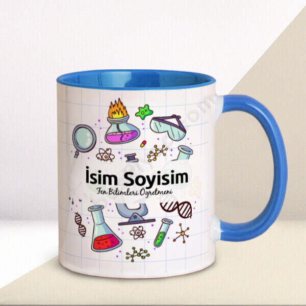 Kişiye Özel Fen Bilimleri Öğretmeni Tasarımlı Kupa Bardak – Kişiye Özel Baskılı Mavi Kupa tasarımı