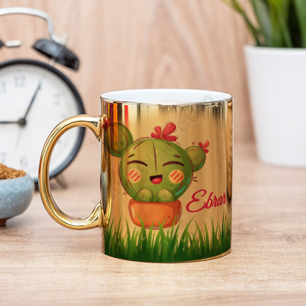 Kaktüs Ve Çimen Tasarımlı Kişiye Özel Gold Kupa Bardak online tasarla