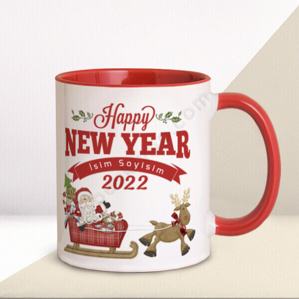 Kişiye Özel Happy New Year Tasarımlı Kupa – Kişiye Özel Baskılı Kupa - Kırmızı tasarımı