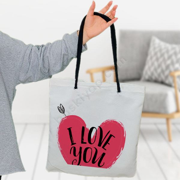 Kişiye Özel I Love You Tasarımlı Beyaz Bez Çanta online tasarla