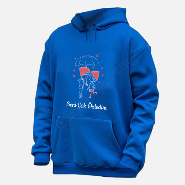 Kişiye Özel Mutlu Çift Baskılı Hoodie Kapşonlu Mavi online tasarla