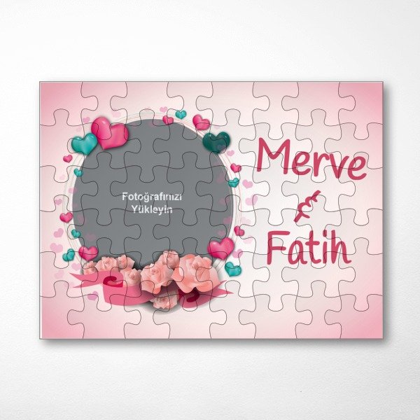 Pembe Fonlu Kalpli Çiçekli Sevgili A3 Puzzle Örneği online tasarla