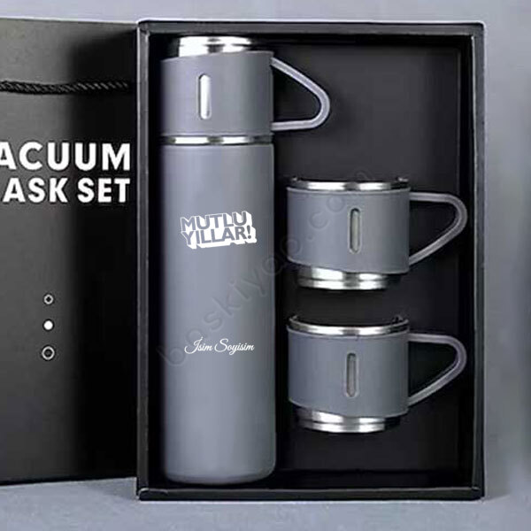 Kişiye Özel Yeni Yıl Hediyesi Gri Üçlü Çelik Termos Set online tasarla