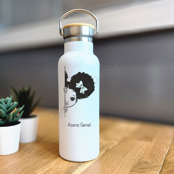 Kıvırcık Saçlı Kız Tasarımlı Bambu Kapak Beyaz Matara Termos online tasarla