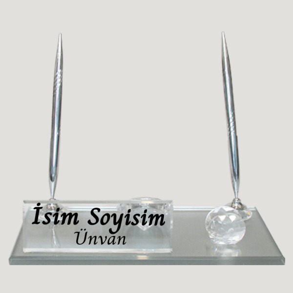 Kristal Gümüş Çift Kalemli Saatli Masa İsimliği online tasarla