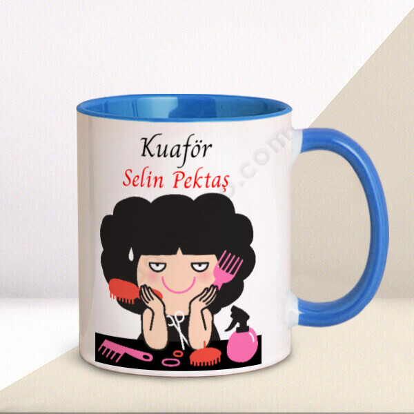 Kuaför Tasarımlı Baskılı Kupa – Kişiye Özel Baskılı Mavi Kupa tasarımı