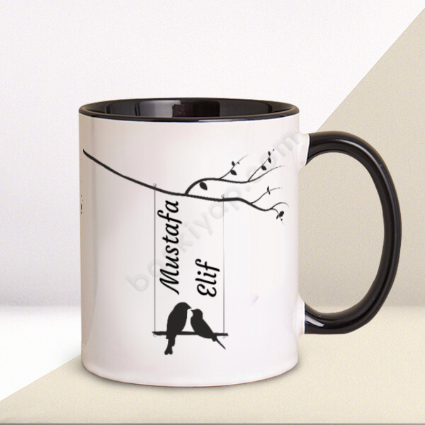 Kuş Desenli Siyah Kulplu Kupa online tasarla