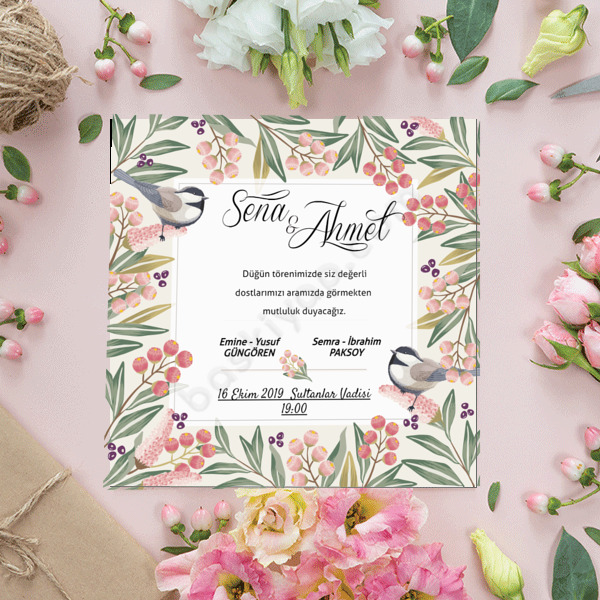 Kuş Tasarımlı 15X15 Davetiye online tasarla