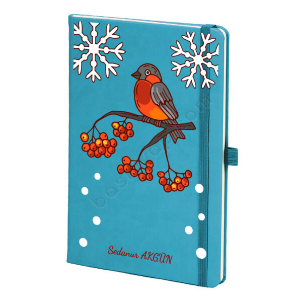 Kuş Tasarımlı Kişiye Özel Mavi Ajanda – Tarihsiz Çizgili Turkuaz Ajanda/Defter 13X21Cm tasarımı