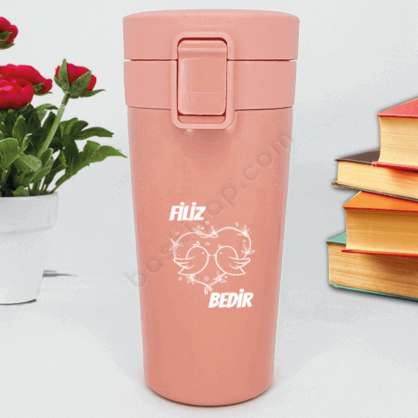 Kuşlar Tasarım Pembe Termos online tasarla