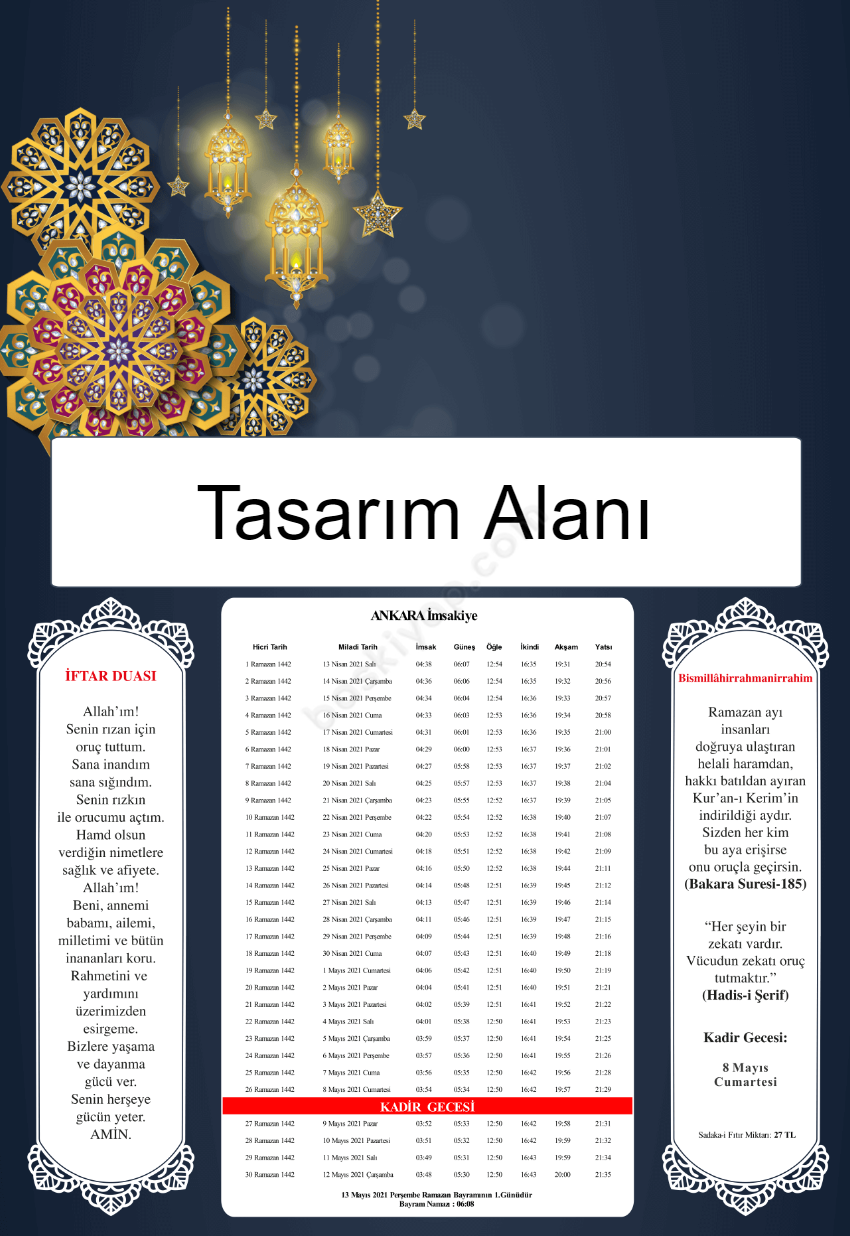 Lacivert Kişiye Özel İmsakiye 2021 online tasarla